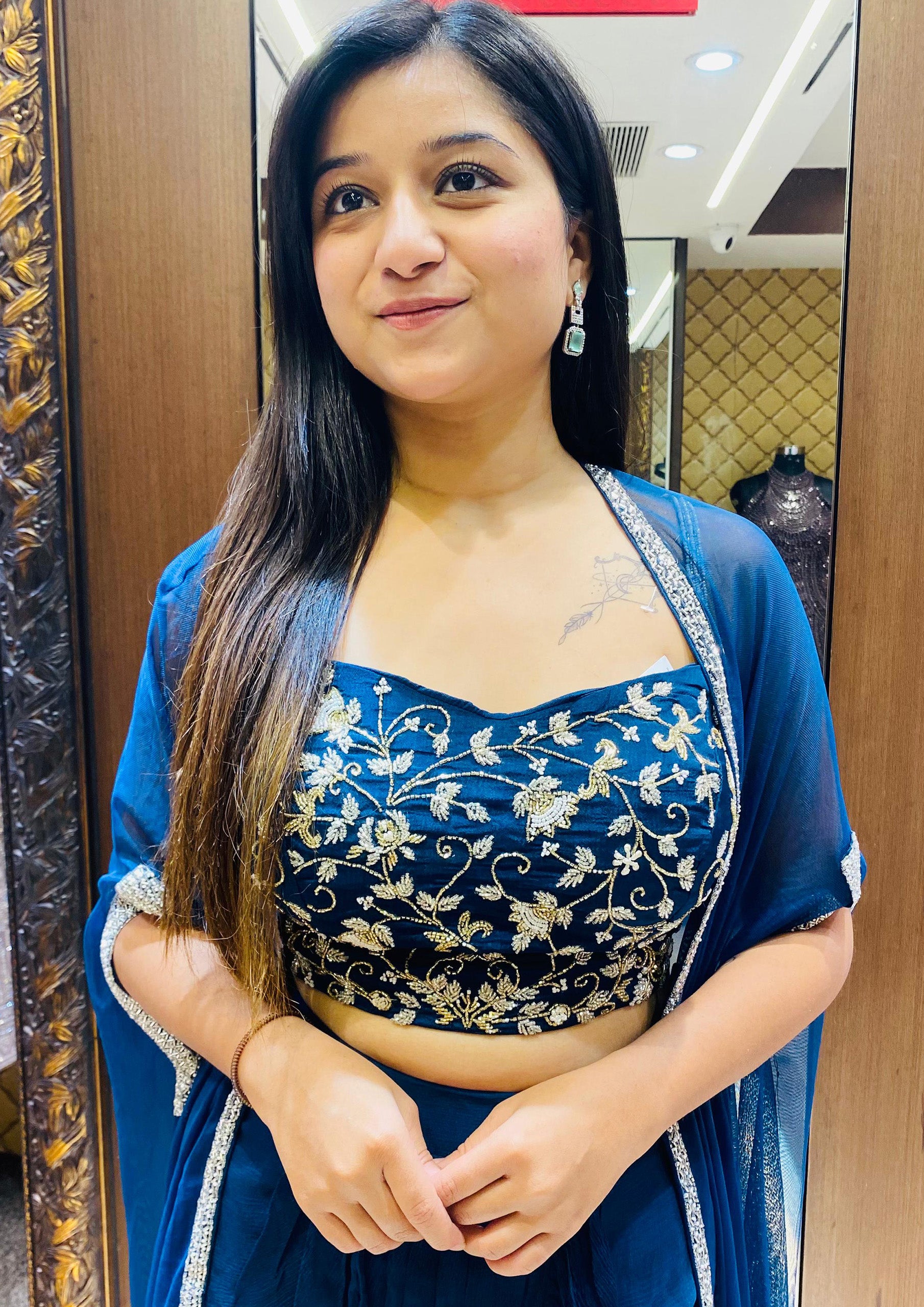 Blue Color Han Work Designer Chiffon Indo Western